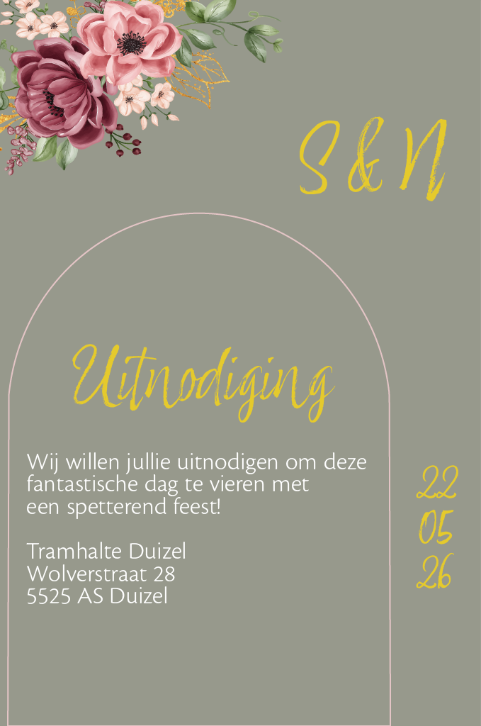 Uitnodiging bruiloft Susan en Nick. 22 mei 2026. Wij willen jullie uitnodigen om deze fantastische dag te vieren met spetterend feest! Locatie Tramhalte Duizel Wolverstraat 28, 5521 AS Duizel.
